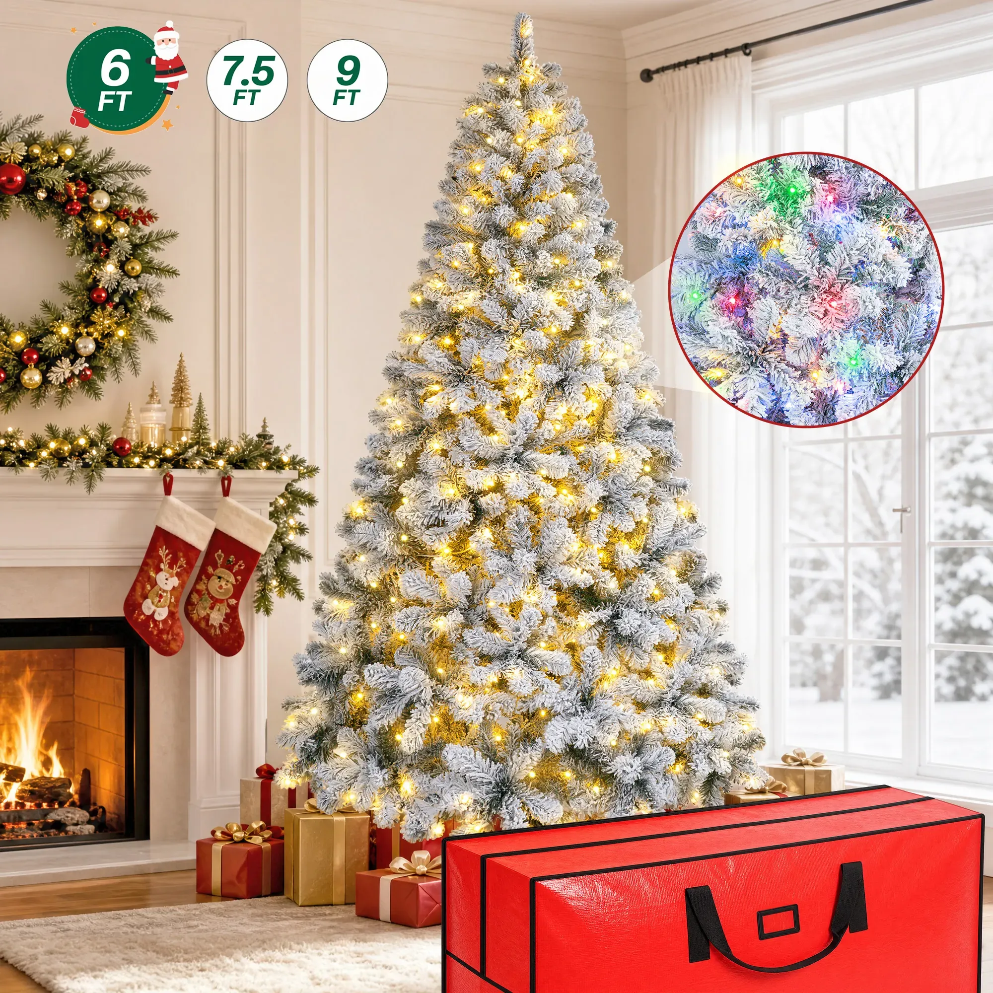6ft Pre-Lit Snow Flocked Christmas Tree with 925 Tips and 11 Lighting Modes