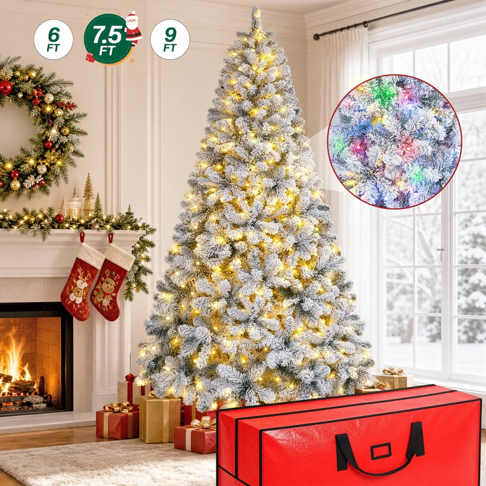 7.5ft Pre-Lit Artificial Christmas Tree with 1400 Branches,11 lighting Mode Snow Flocked Xmas Tree with Storage Bag