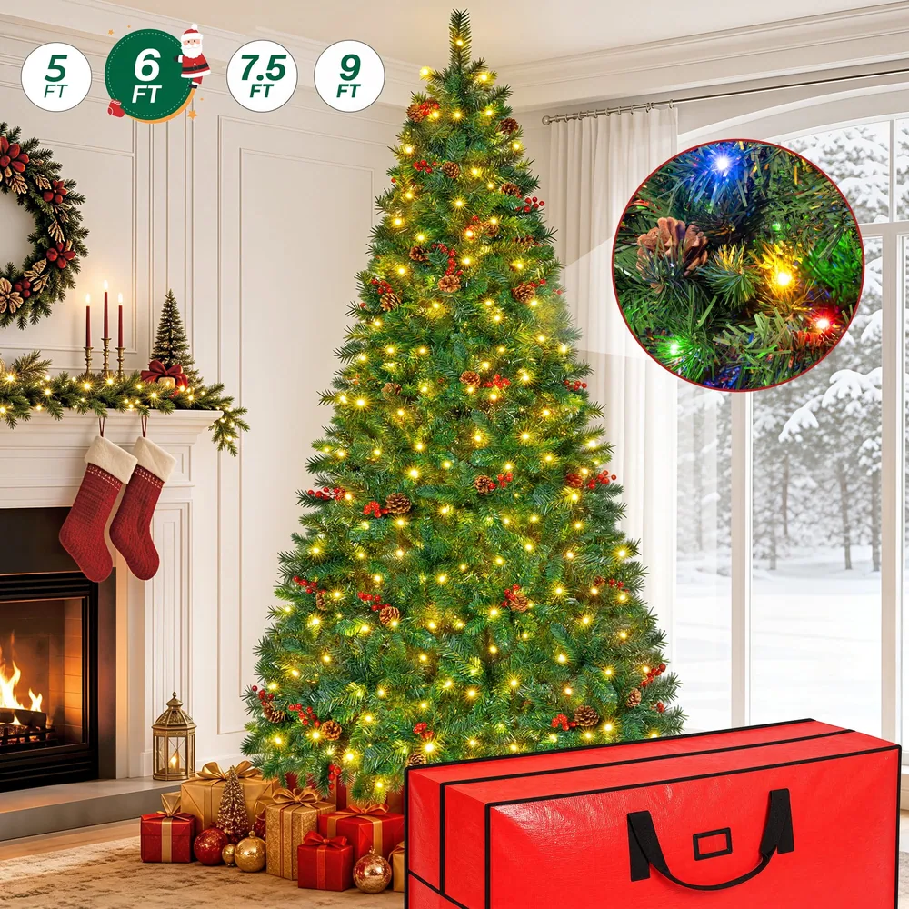 6ft Pre-Lit Christmas Tree with Storage Bag, Artificial Xmas Tree with 975 Branch Tips and 11 Lighting Modes,Pine Cones and Red Berries